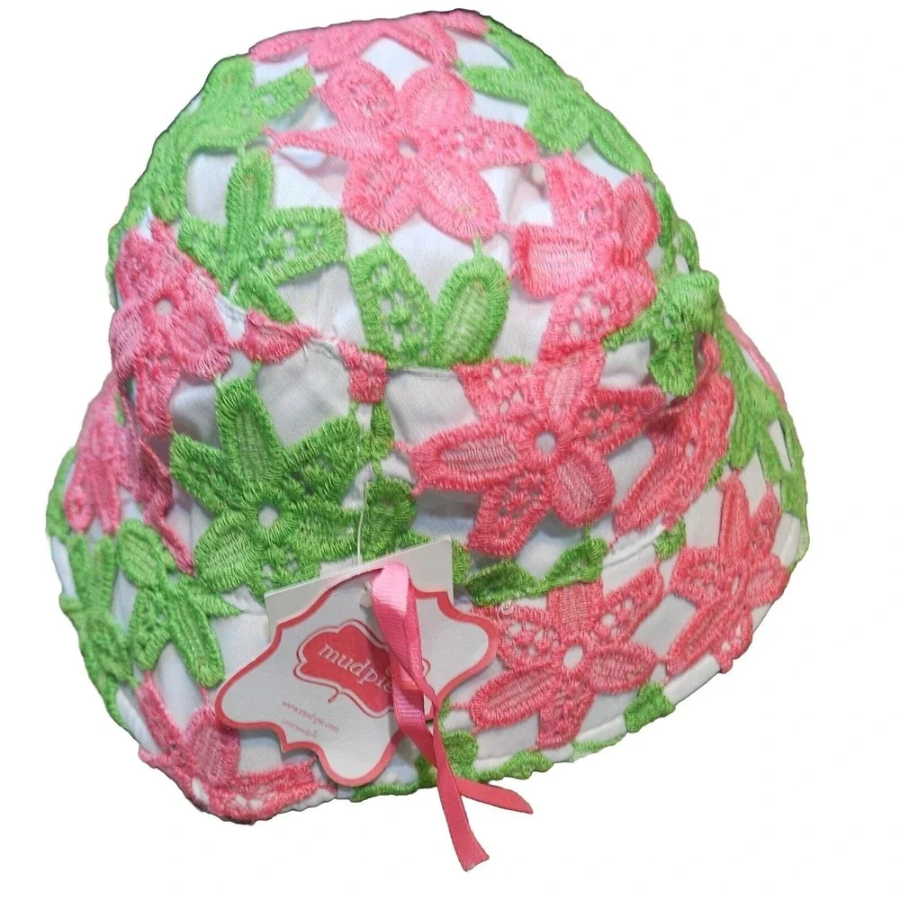 💜🩷Mud PiePink/green Floral‎ Embroidery Baby Girl Infant Hat One Size 💜🩷